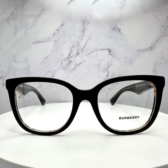 New Burberry Eyeglasses Square Black Checkered Interior 53-19-140 w/ Box & Case - Picture 2 of 12